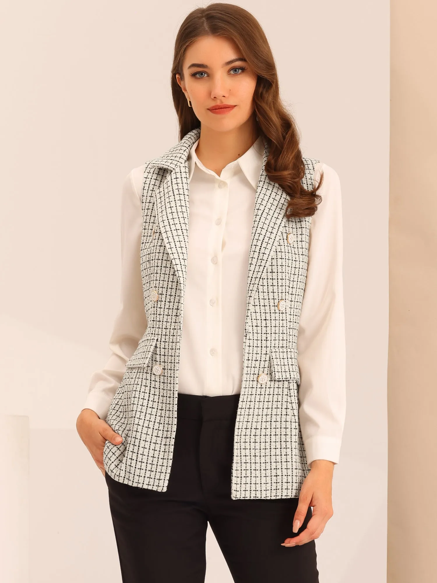 Tweed Open Front Plaid Sleeveless Cardigan Blazer Jacket Vest