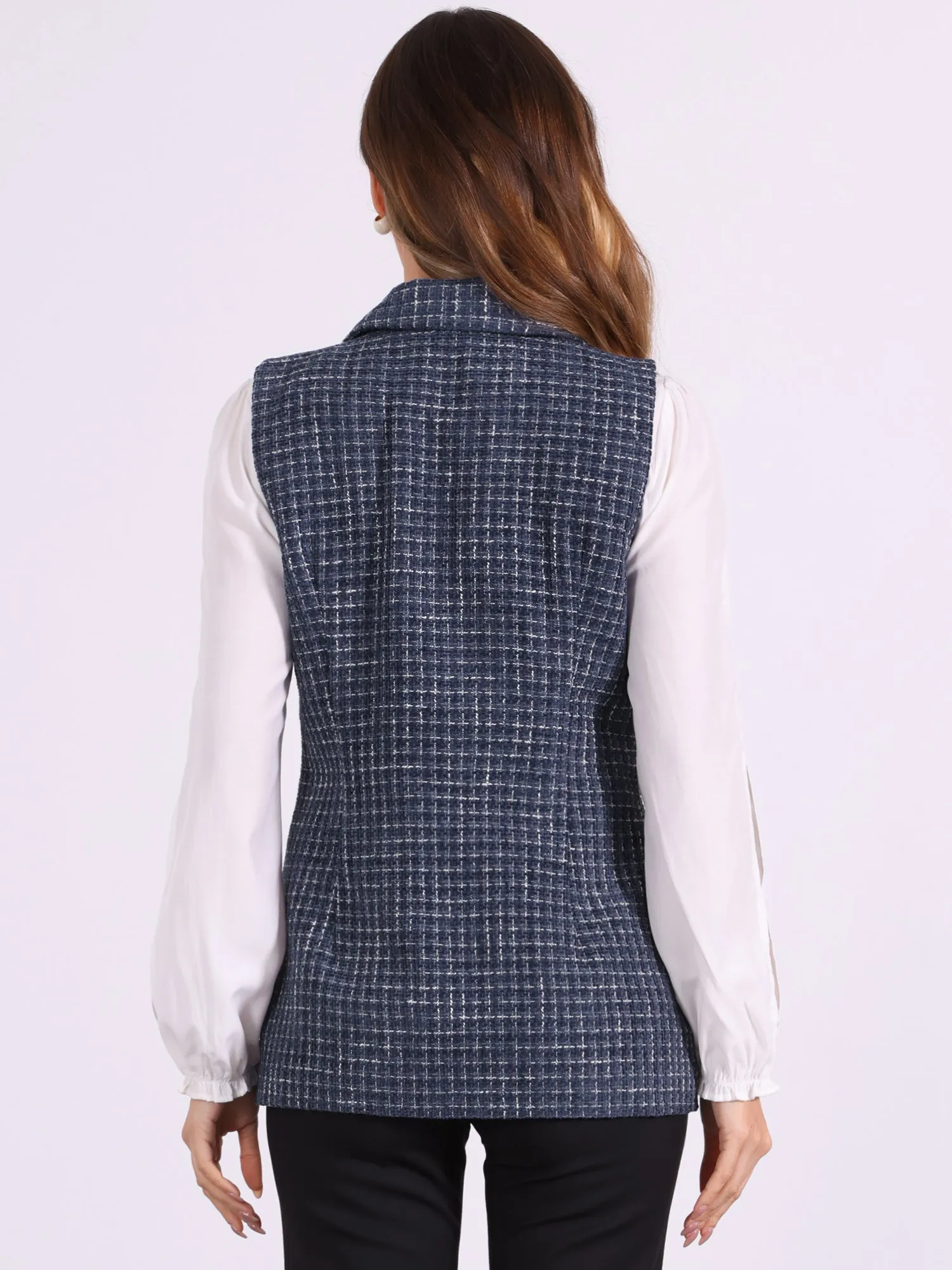Tweed Open Front Plaid Sleeveless Cardigan Blazer Jacket Vest