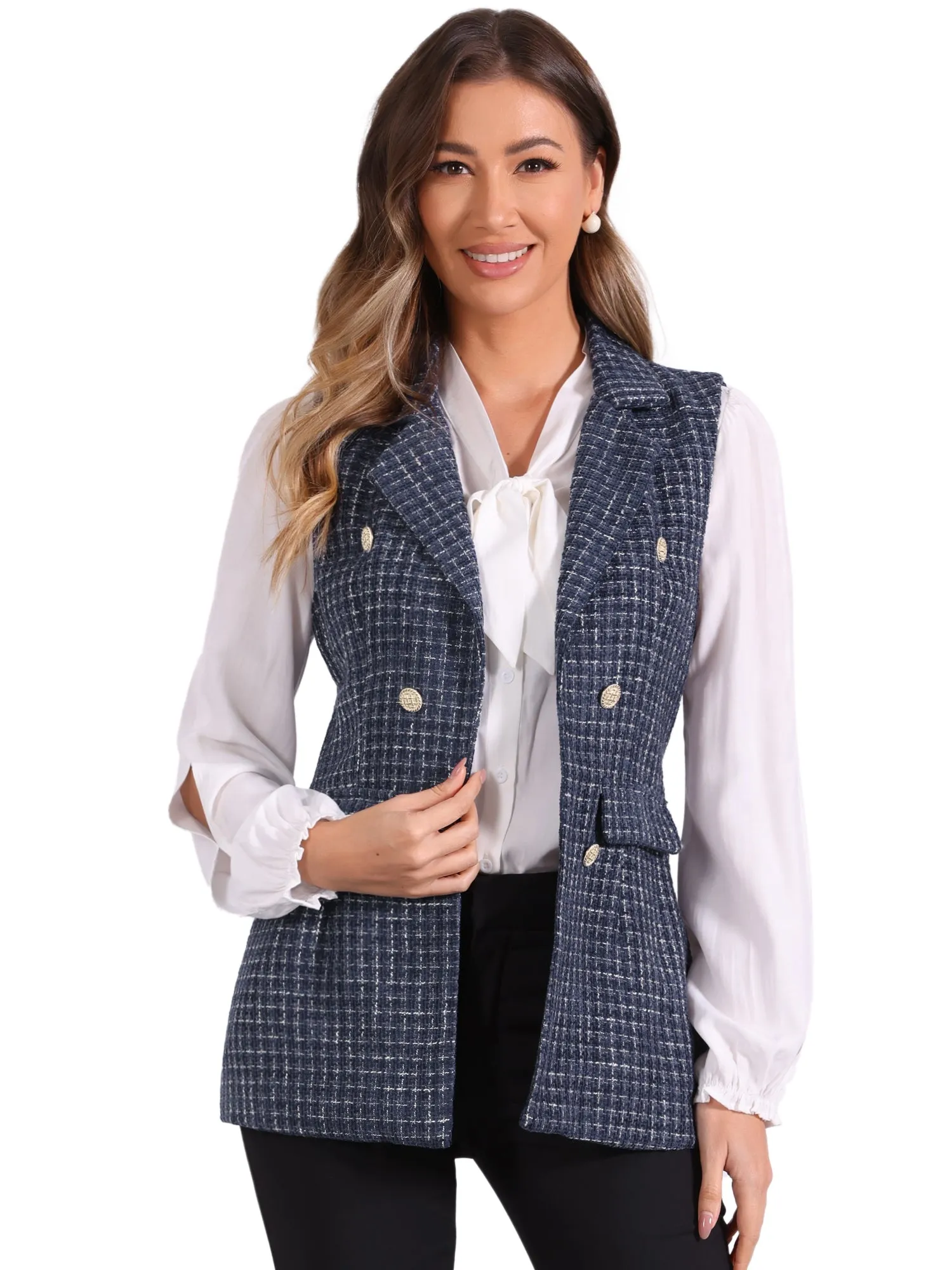 Tweed Open Front Plaid Sleeveless Cardigan Blazer Jacket Vest