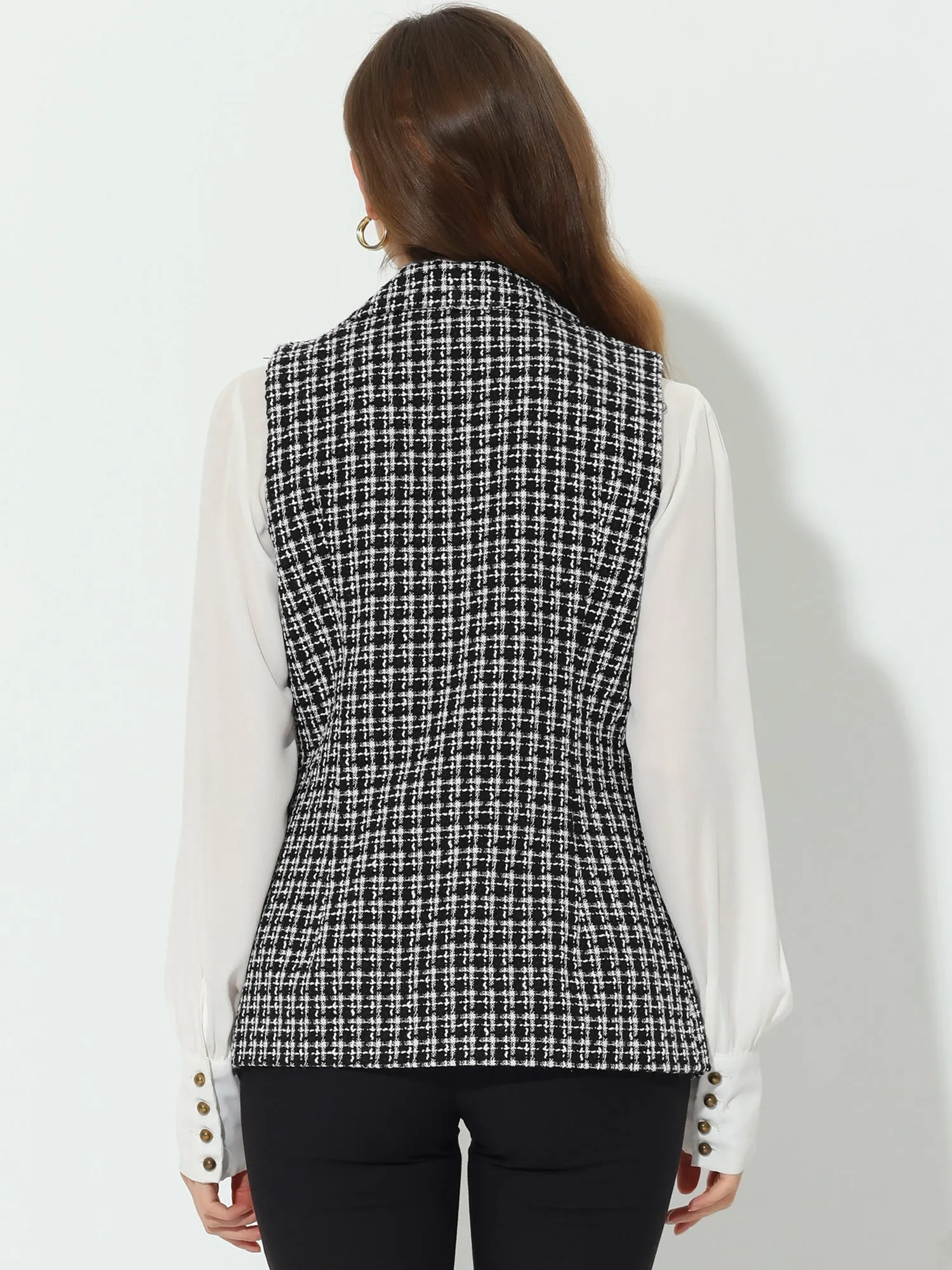 Tweed Open Front Plaid Sleeveless Cardigan Blazer Jacket Vest