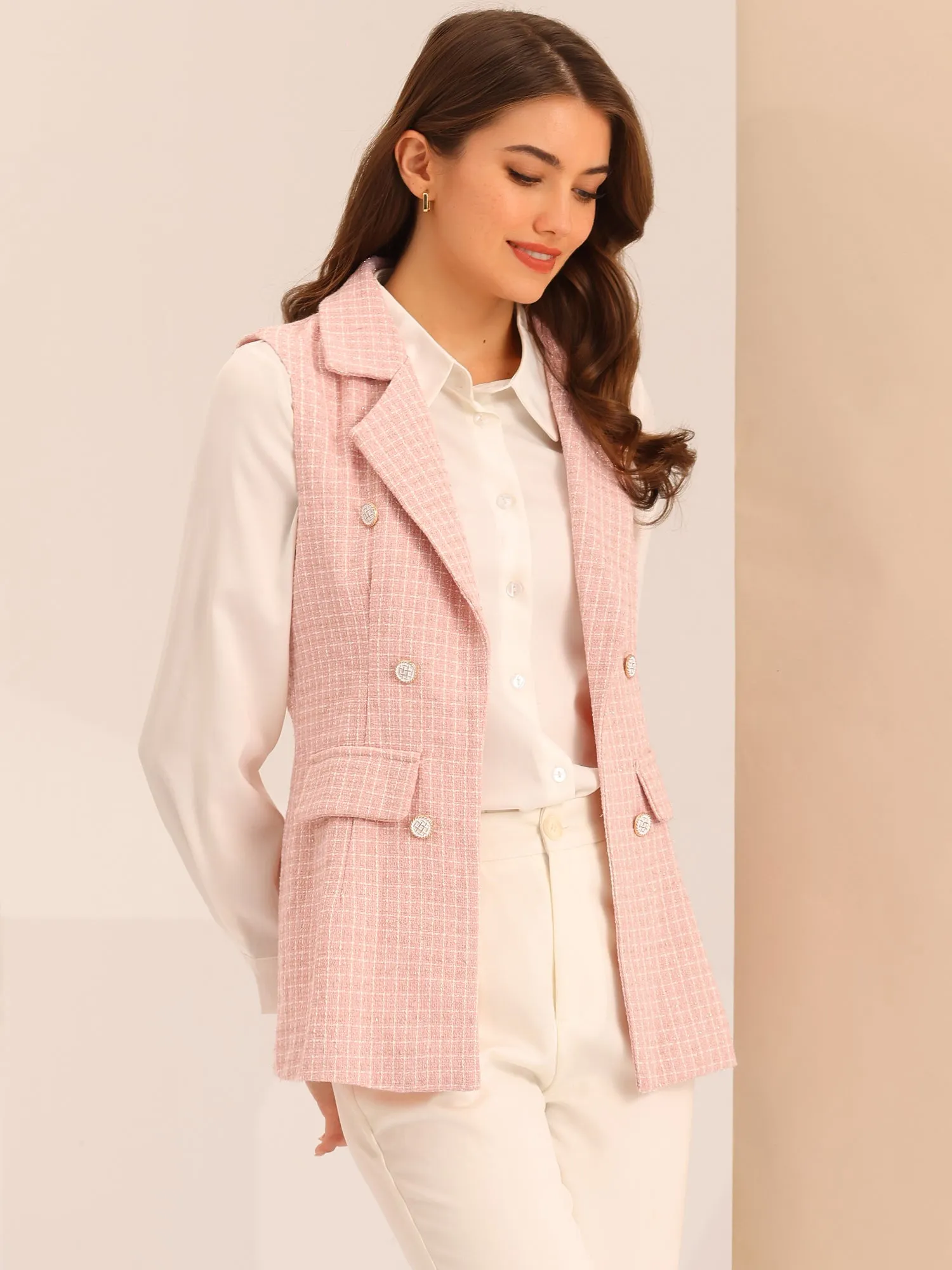 Tweed Open Front Plaid Sleeveless Cardigan Blazer Jacket Vest