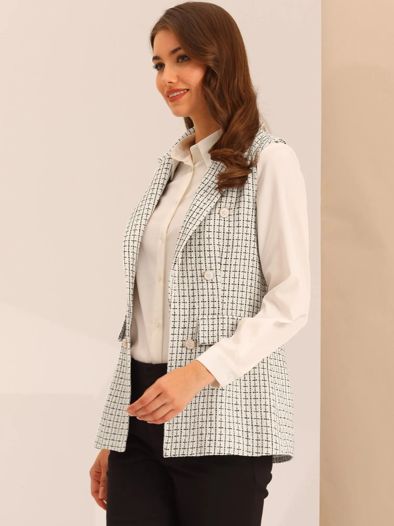 Tweed Open Front Plaid Sleeveless Cardigan Blazer Jacket Vest
