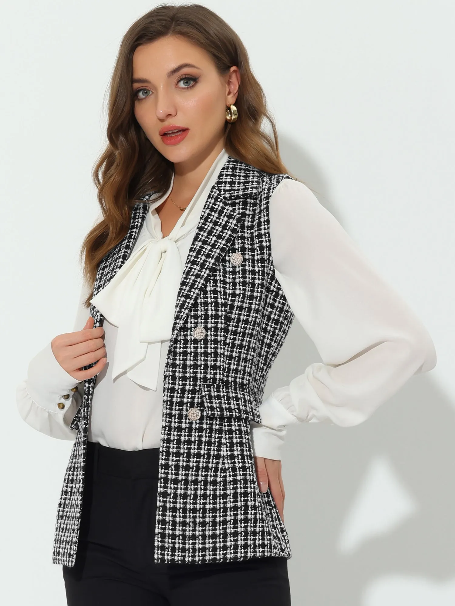 Tweed Open Front Plaid Sleeveless Cardigan Blazer Jacket Vest