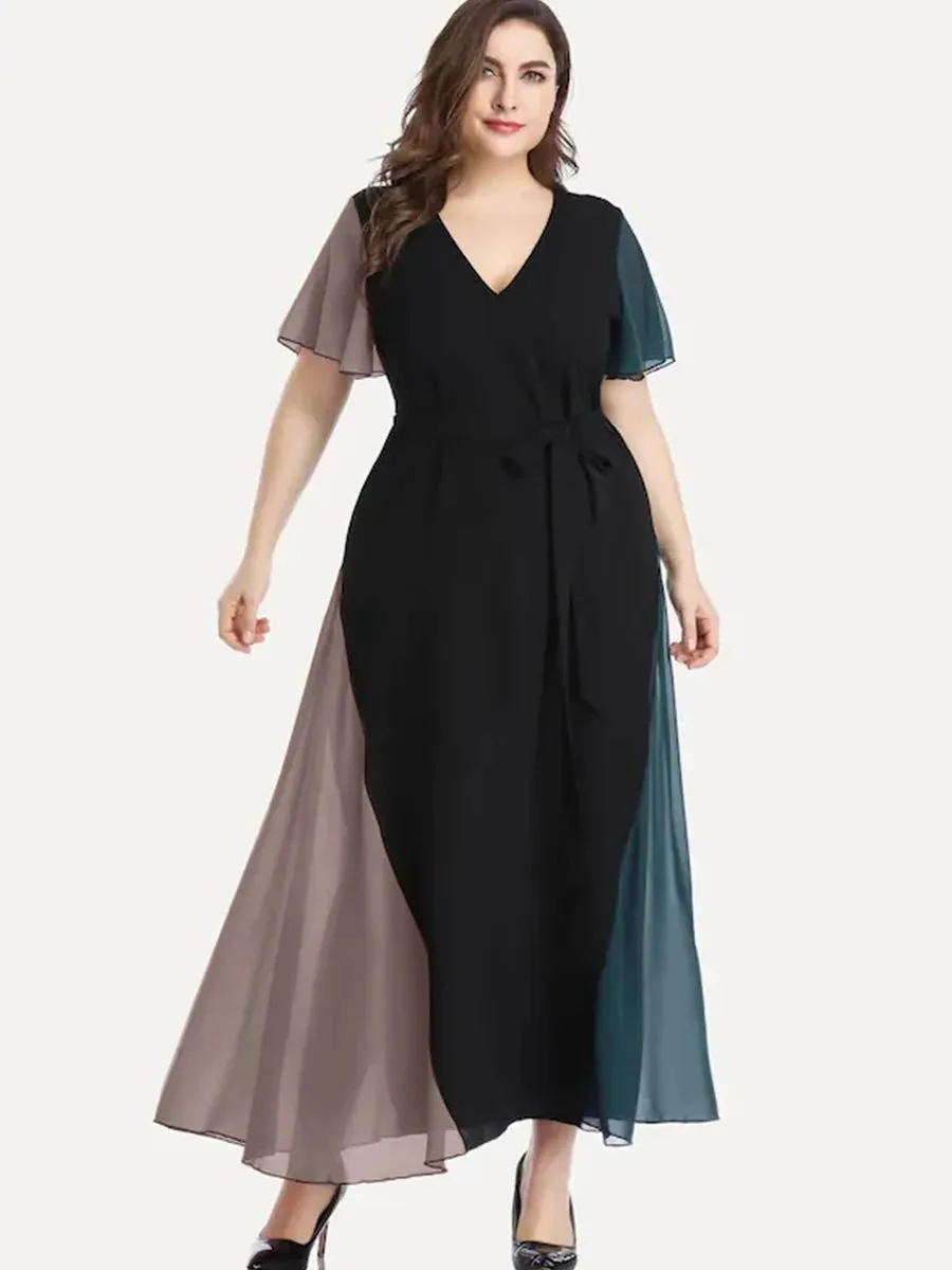 Uniwim Plus Size V-neck Summer Elegant Chiffon Party Dress Women Short Sleeve Maxi Casual Dress Sash Waist Fit Flare Evening Dress 6XL