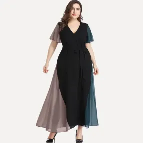 Uniwim Plus Size V-neck Summer Elegant Chiffon Party Dress Women Short Sleeve Maxi Casual Dress Sash Waist Fit Flare Evening Dress 6XL