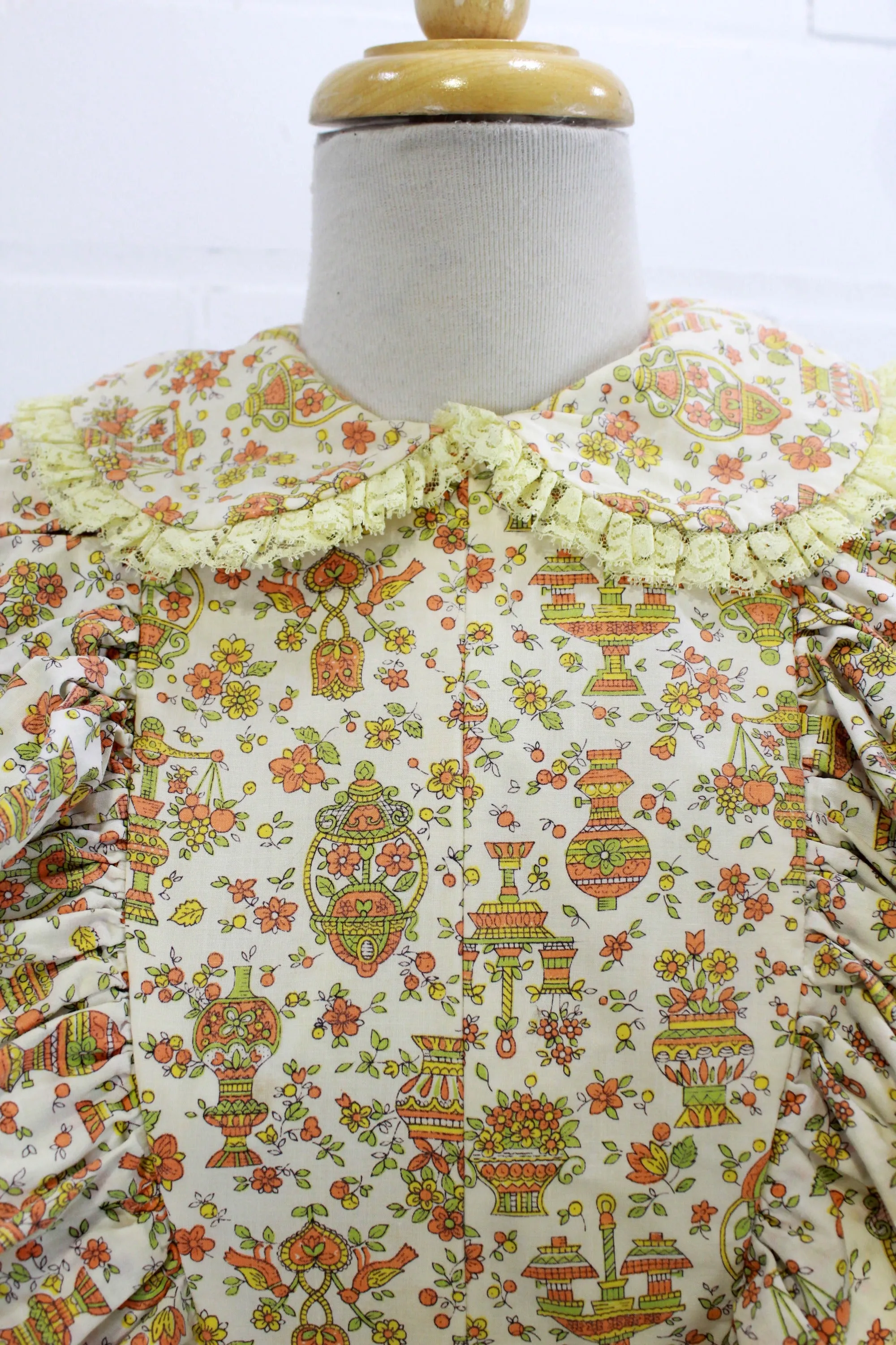 Vintage 1960s Floral Prairie Maxi Dress with Peter Pan Collar, Small