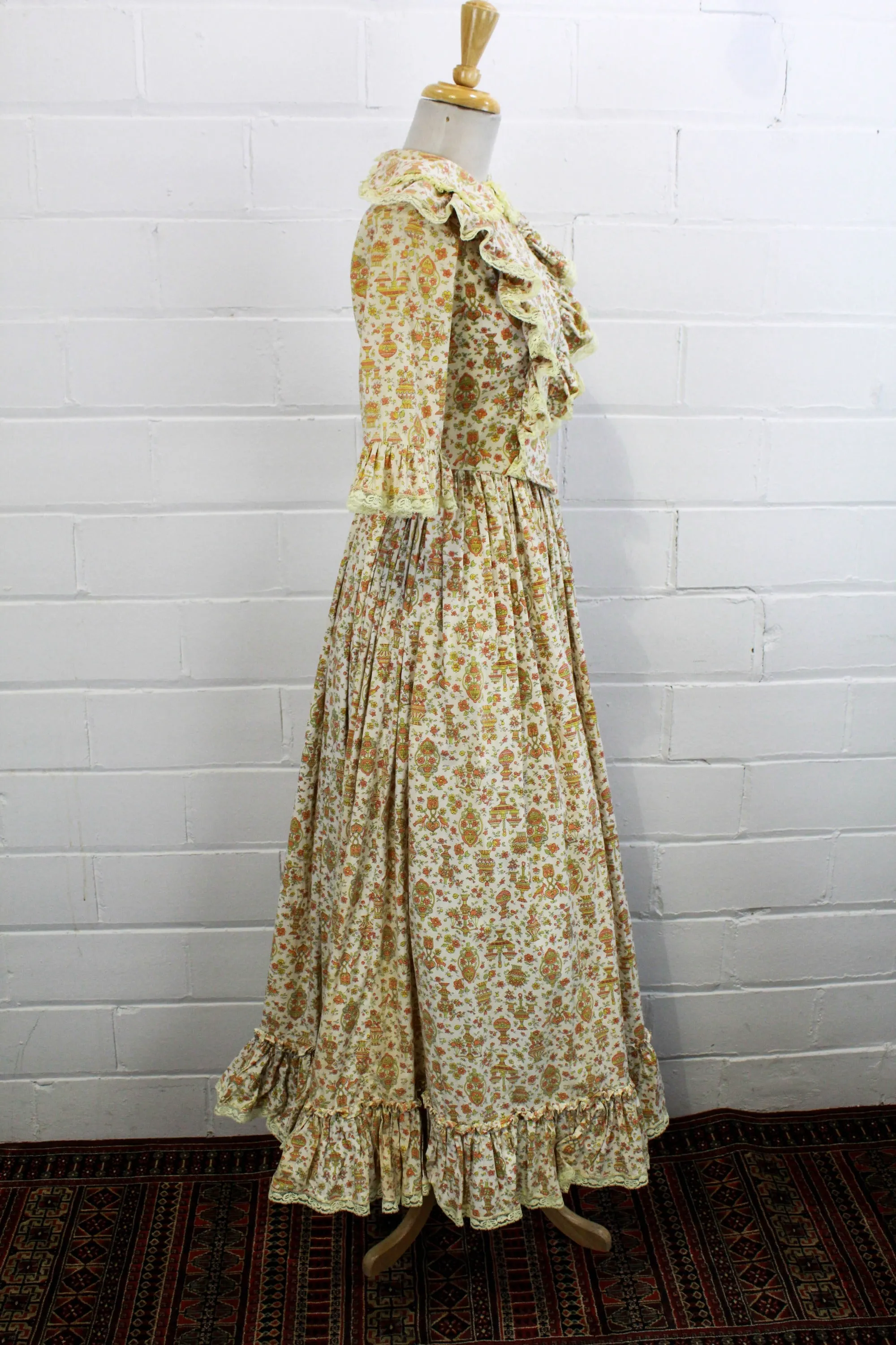Vintage 1960s Floral Prairie Maxi Dress with Peter Pan Collar, Small