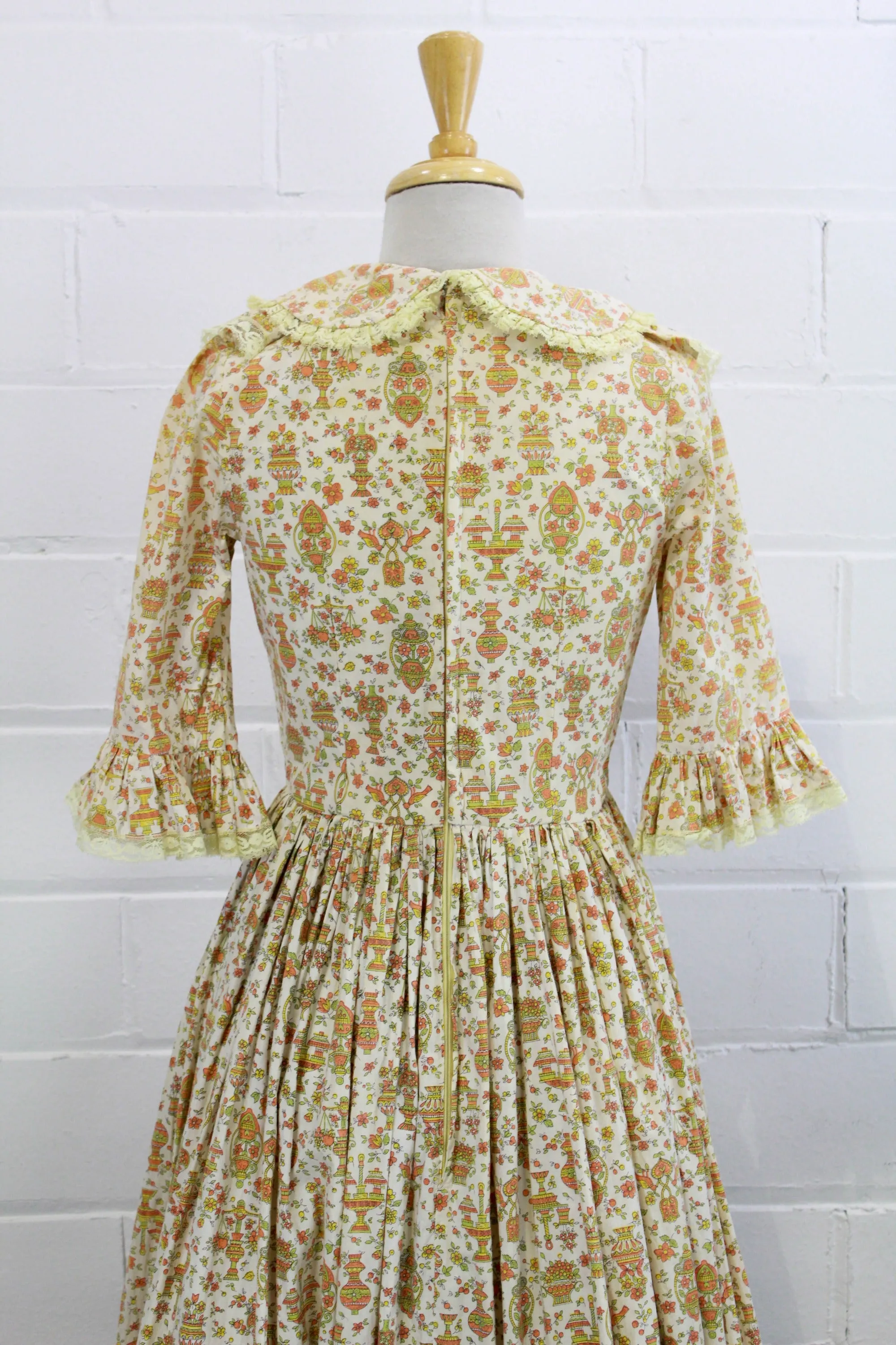 Vintage 1960s Floral Prairie Maxi Dress with Peter Pan Collar, Small
