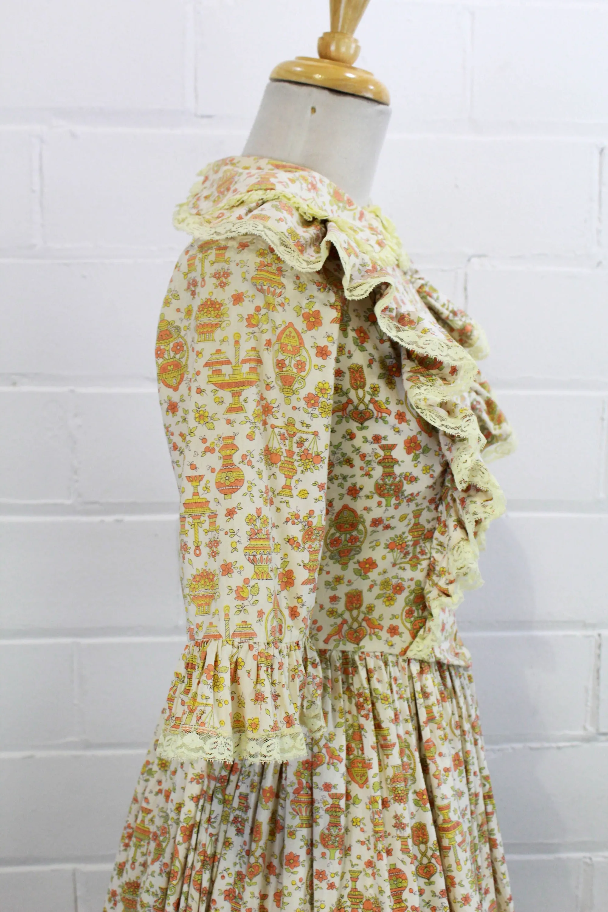 Vintage 1960s Floral Prairie Maxi Dress with Peter Pan Collar, Small