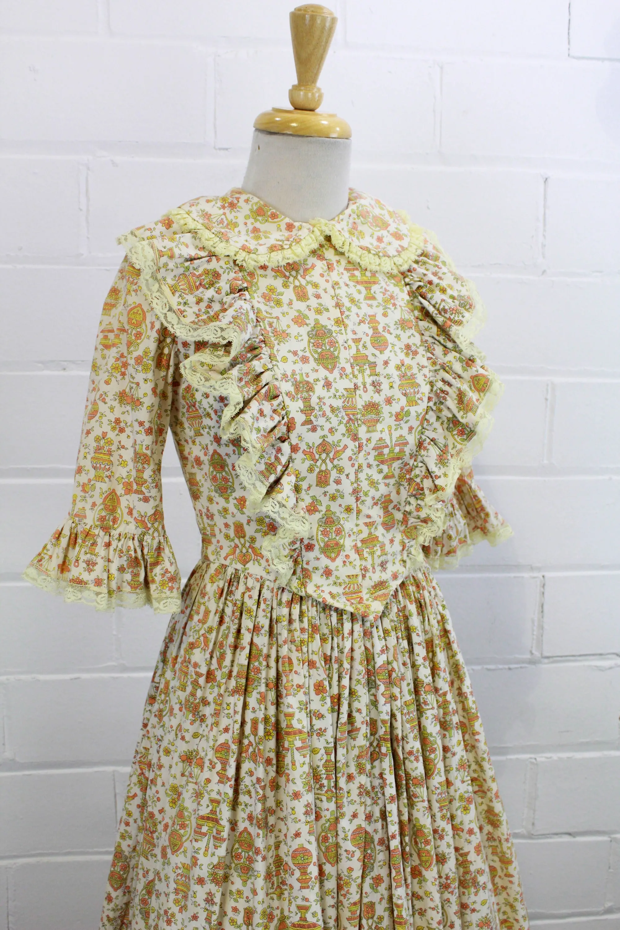 Vintage 1960s Floral Prairie Maxi Dress with Peter Pan Collar, Small