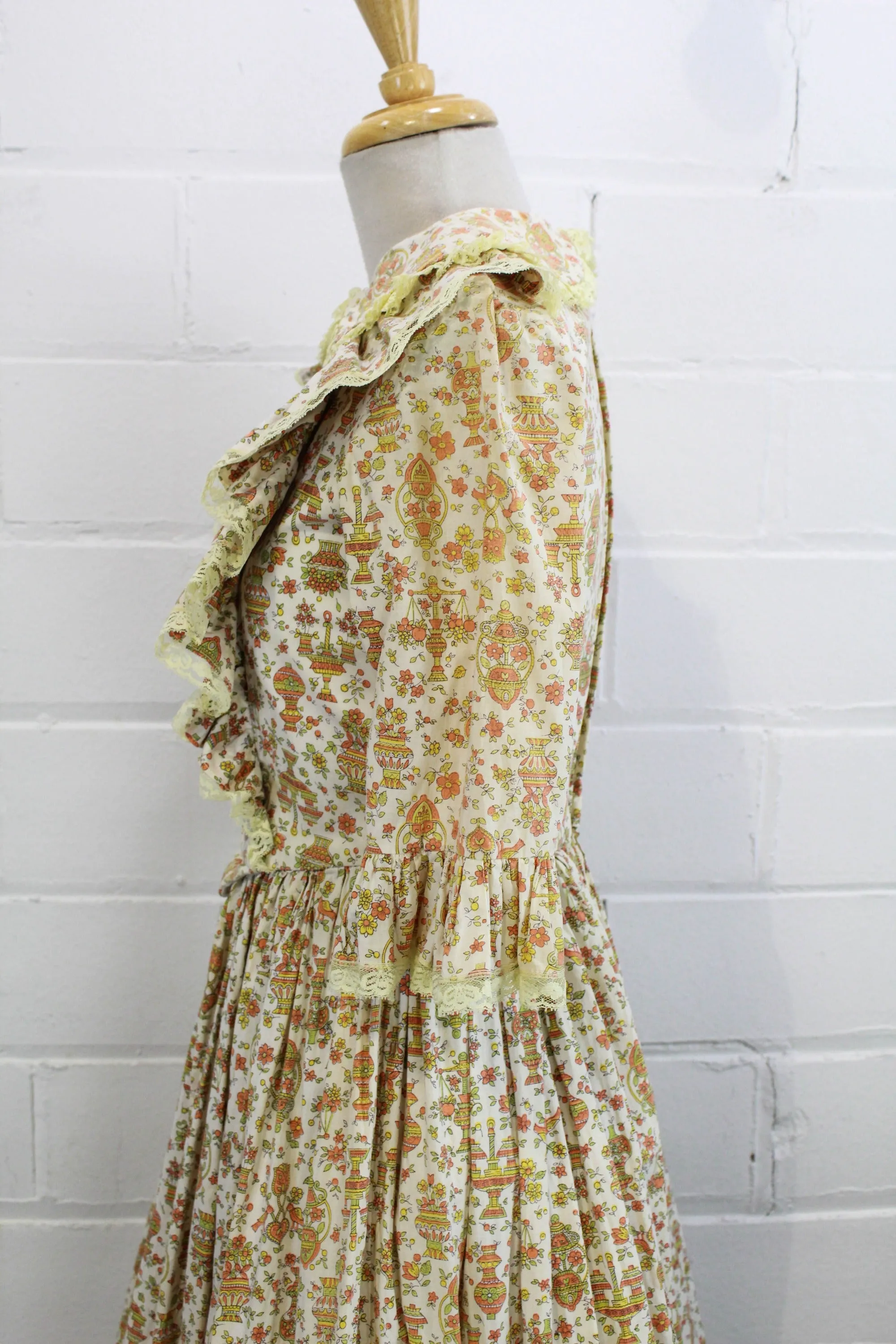 Vintage 1960s Floral Prairie Maxi Dress with Peter Pan Collar, Small