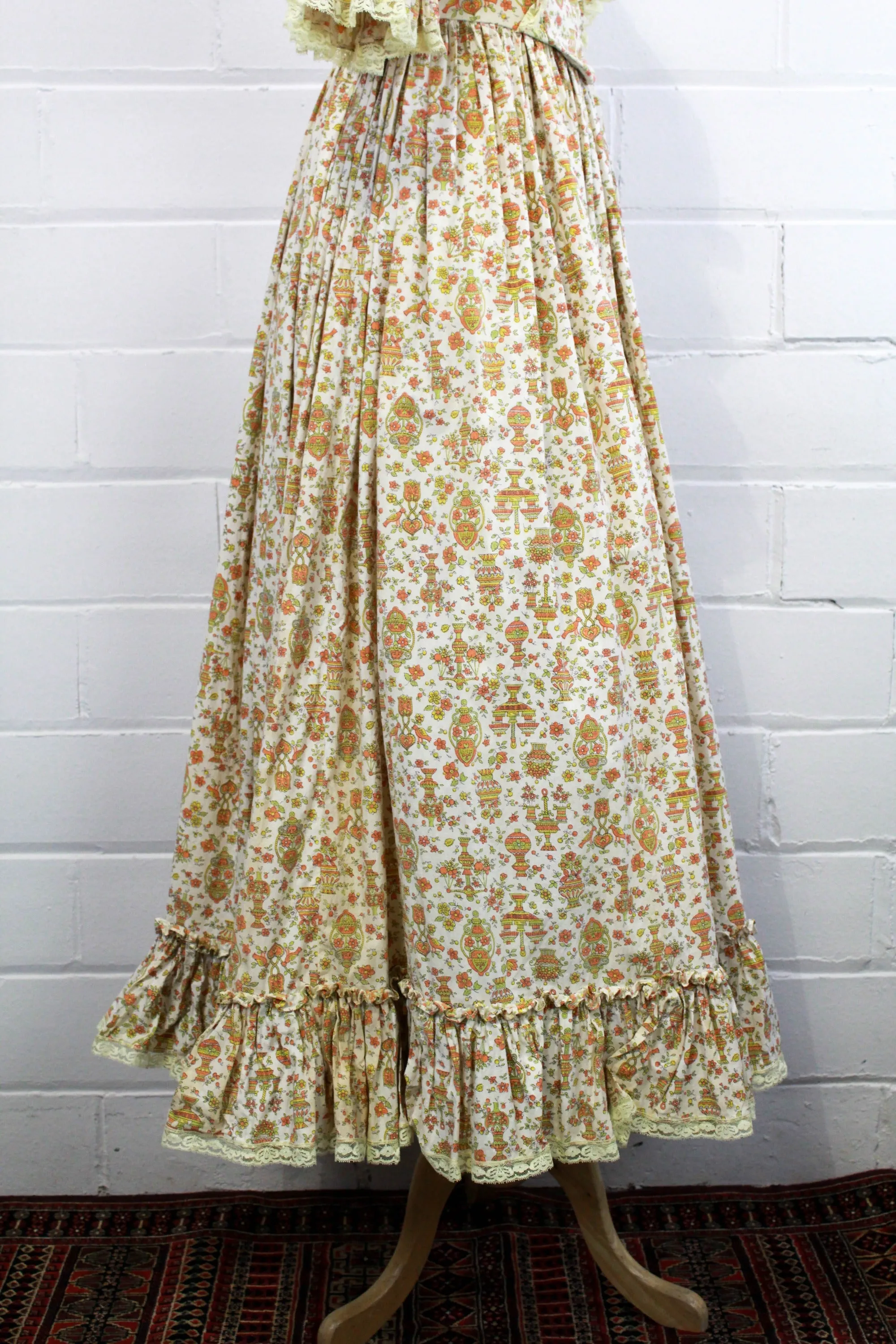 Vintage 1960s Floral Prairie Maxi Dress with Peter Pan Collar, Small