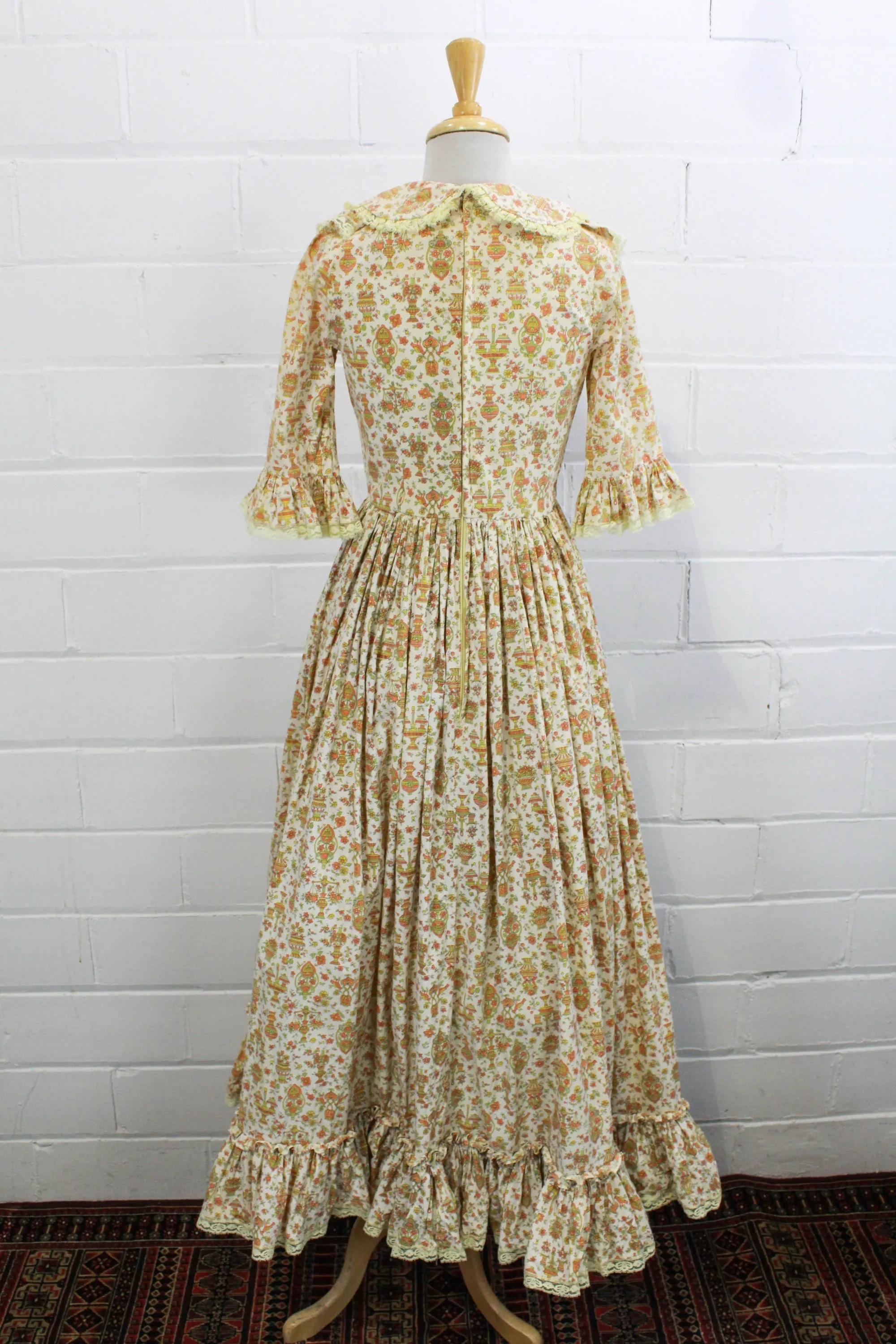 Vintage 1960s Floral Prairie Maxi Dress with Peter Pan Collar, Small