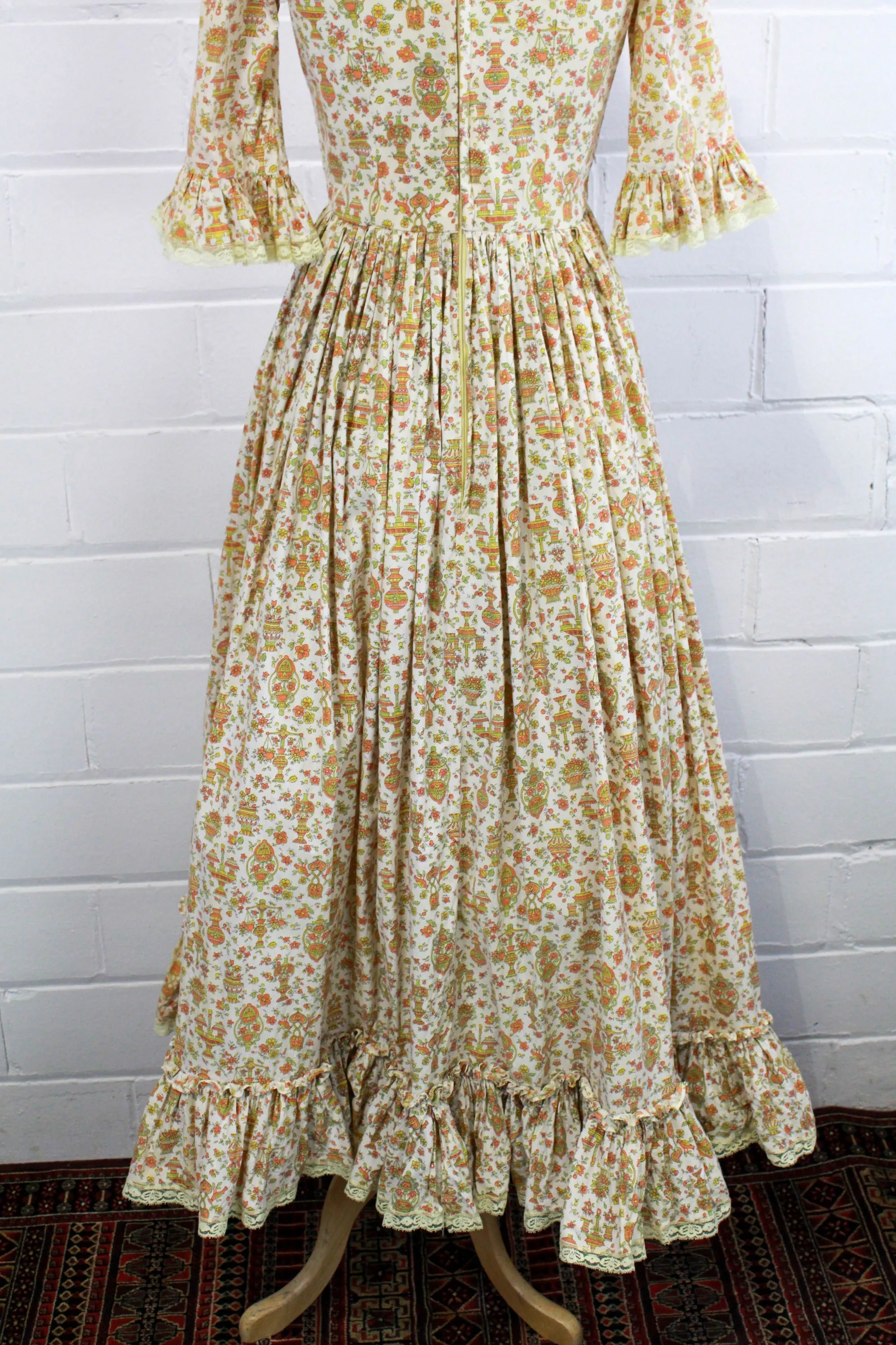 Vintage 1960s Floral Prairie Maxi Dress with Peter Pan Collar, Small