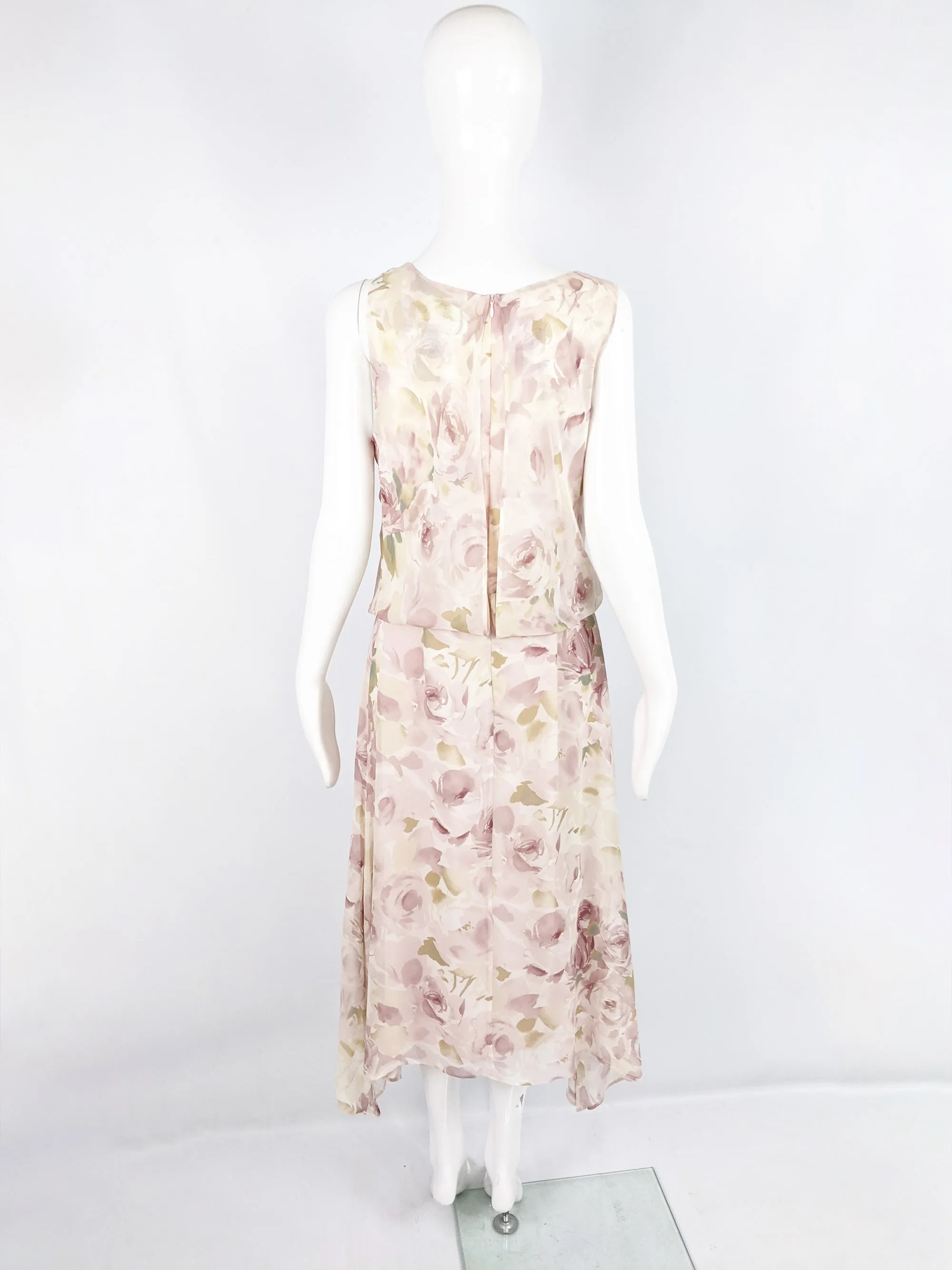 Vintage Pastel Sheer Floral Pure Silk Chiffon Blouson Dress, 1990s