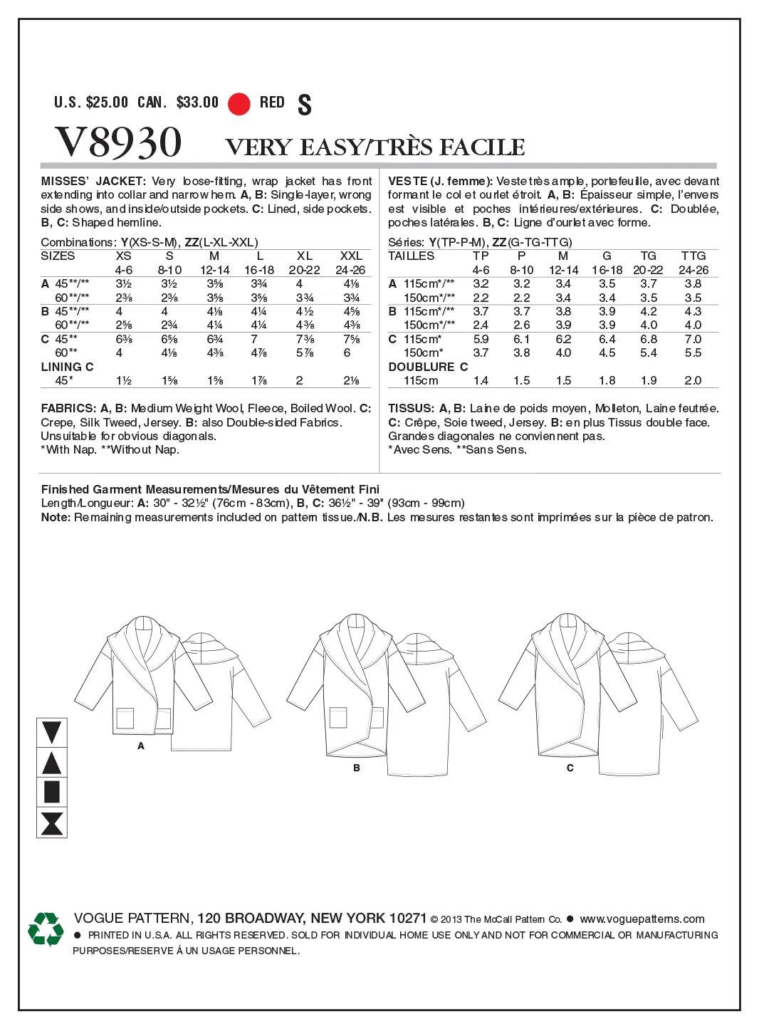 Vogue Pattern 8930 Misses' Jacket