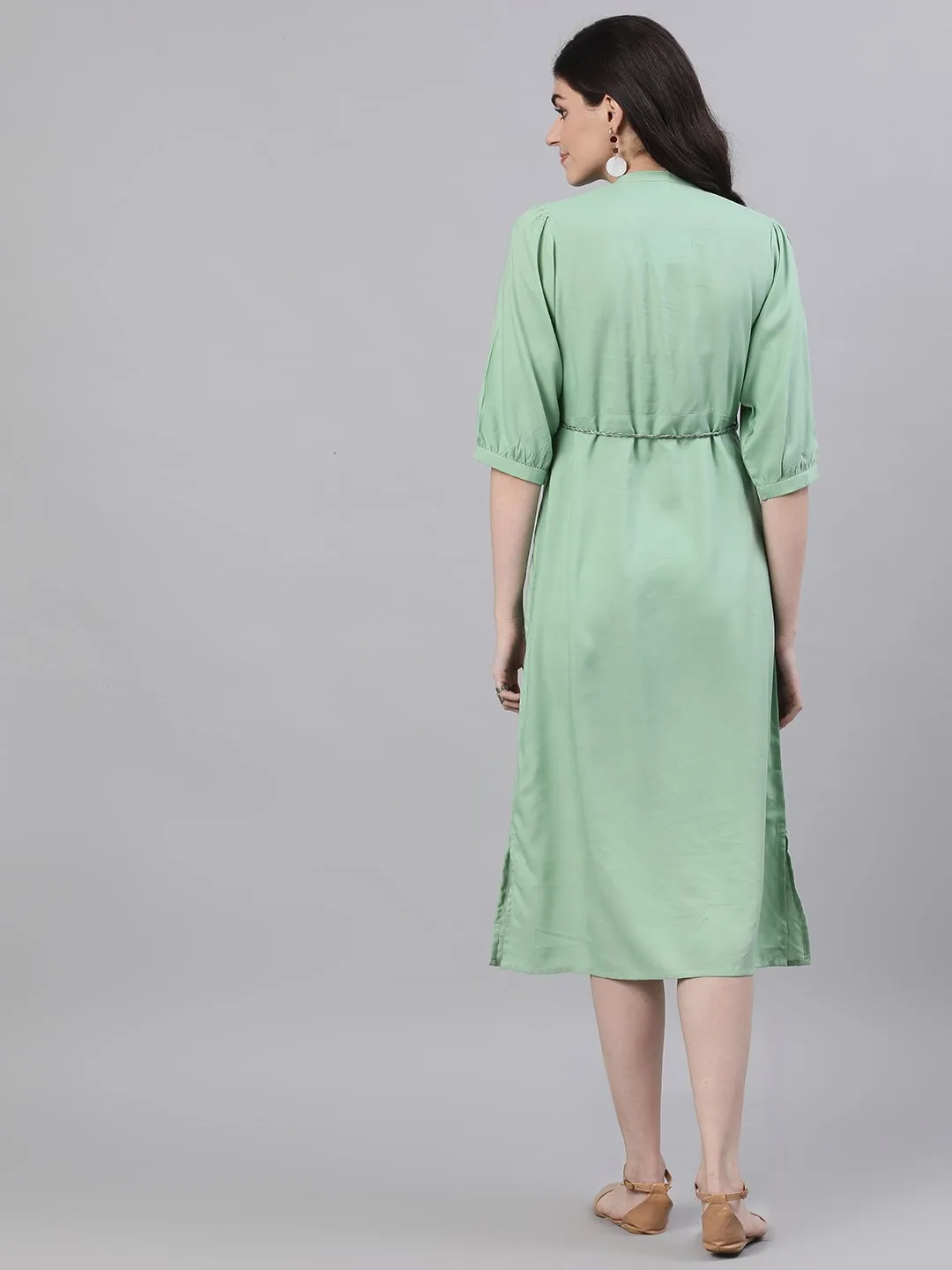 Women Pastel Green Solid Solid Mandarin Collar Viscose Rayon Maxi Dress